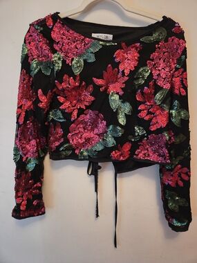 WYLDR Black Crop Top with Red Sequin Floral Embroidery
